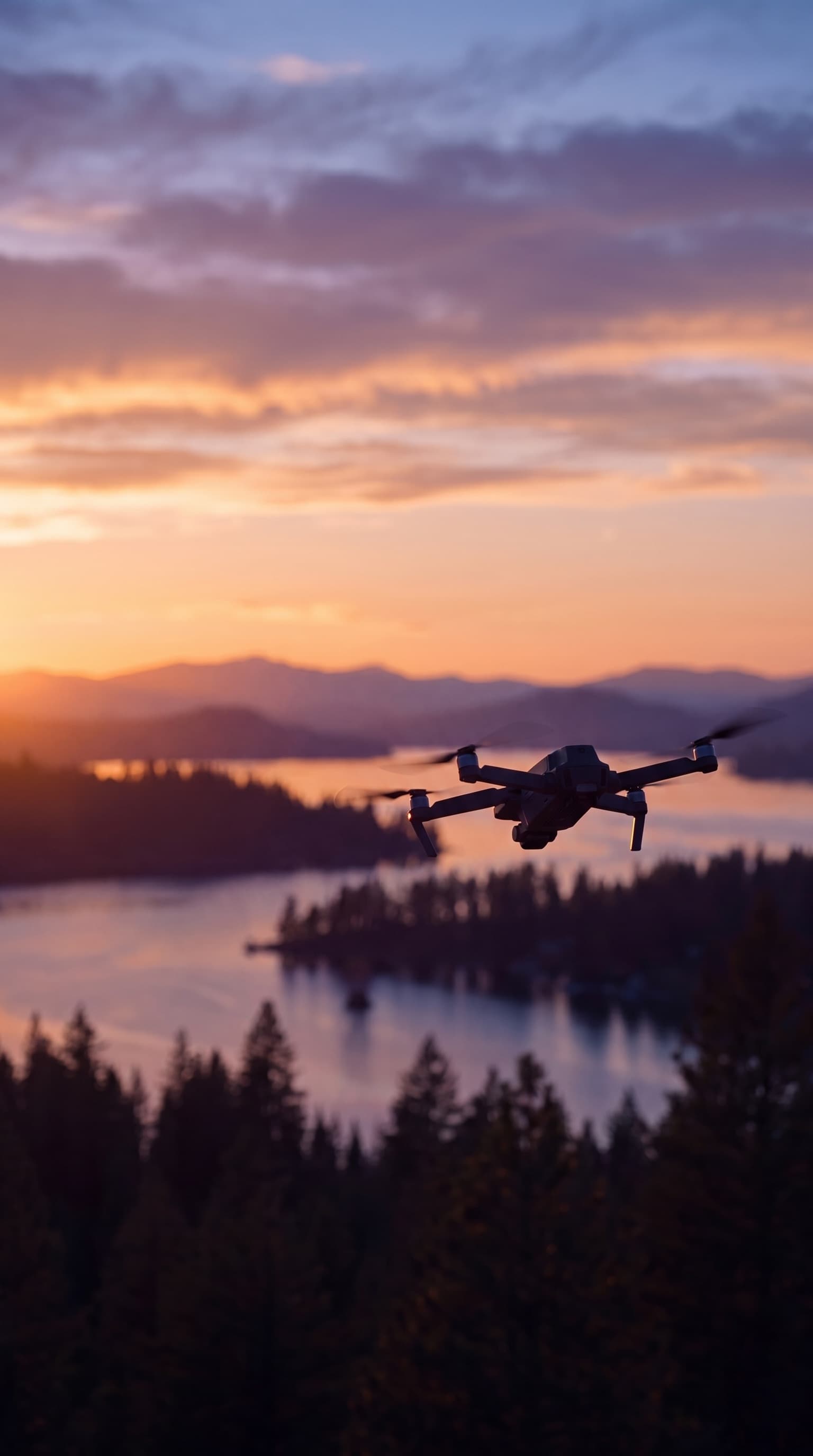 A camera drone in flight at golden hour above a forested north Idaho lake